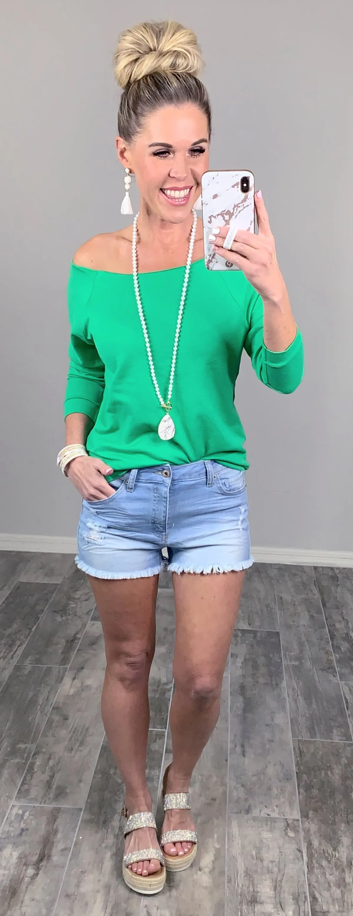 Raw Hem Off The Shoulder - Green