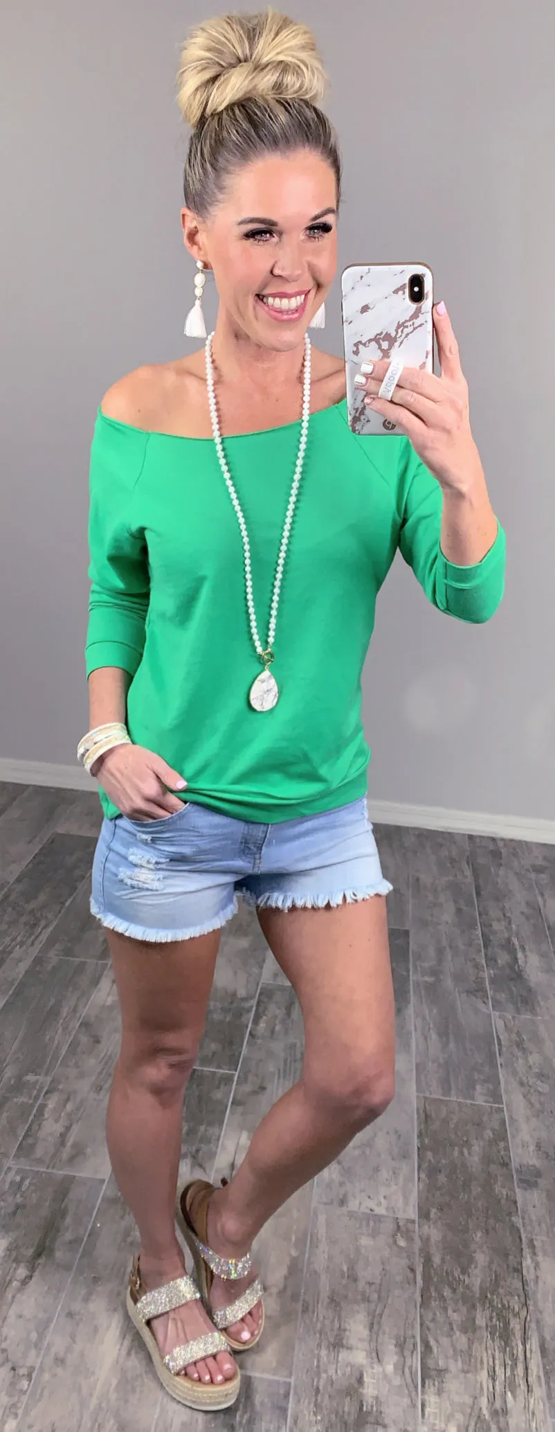 Raw Hem Off The Shoulder - Green