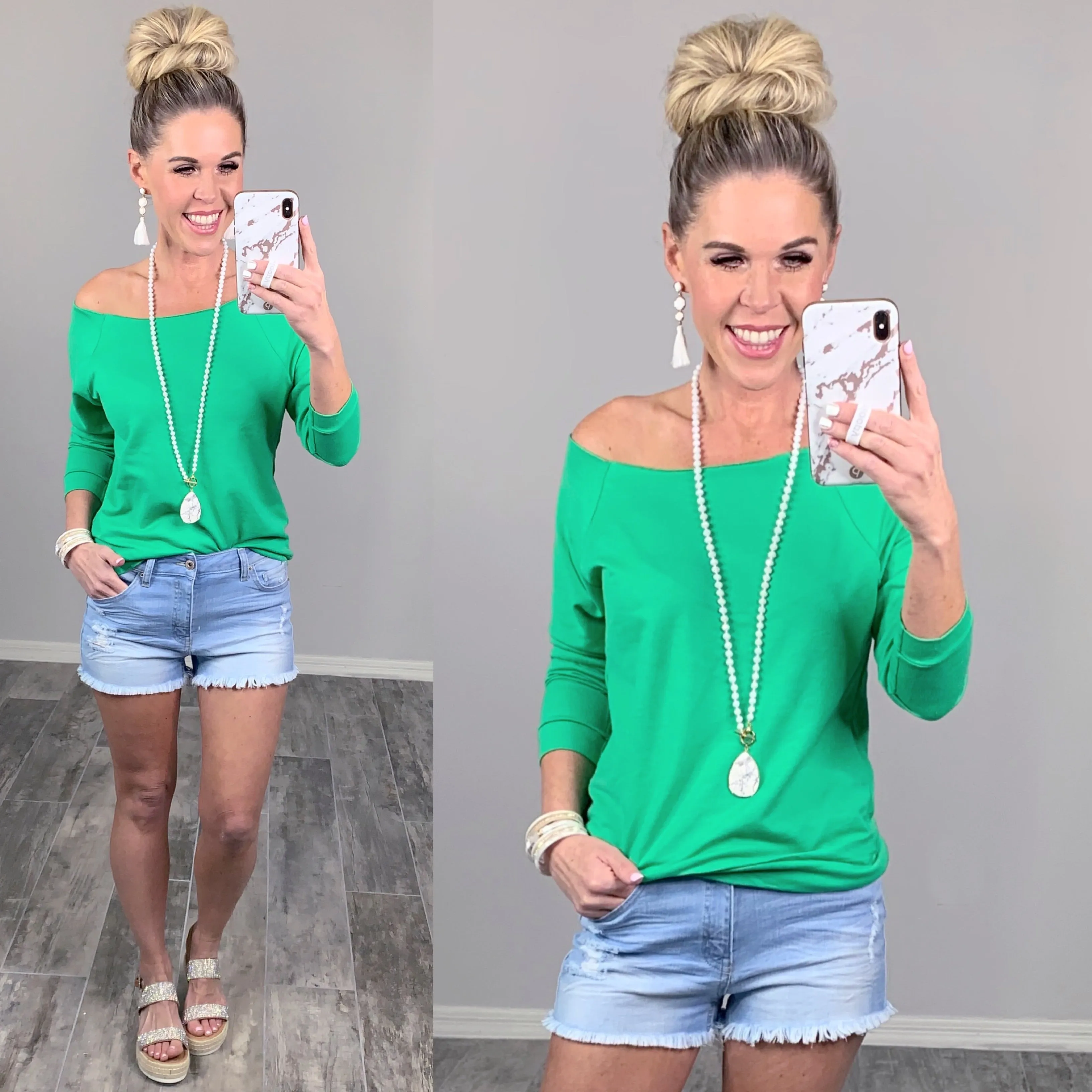 Raw Hem Off The Shoulder - Green