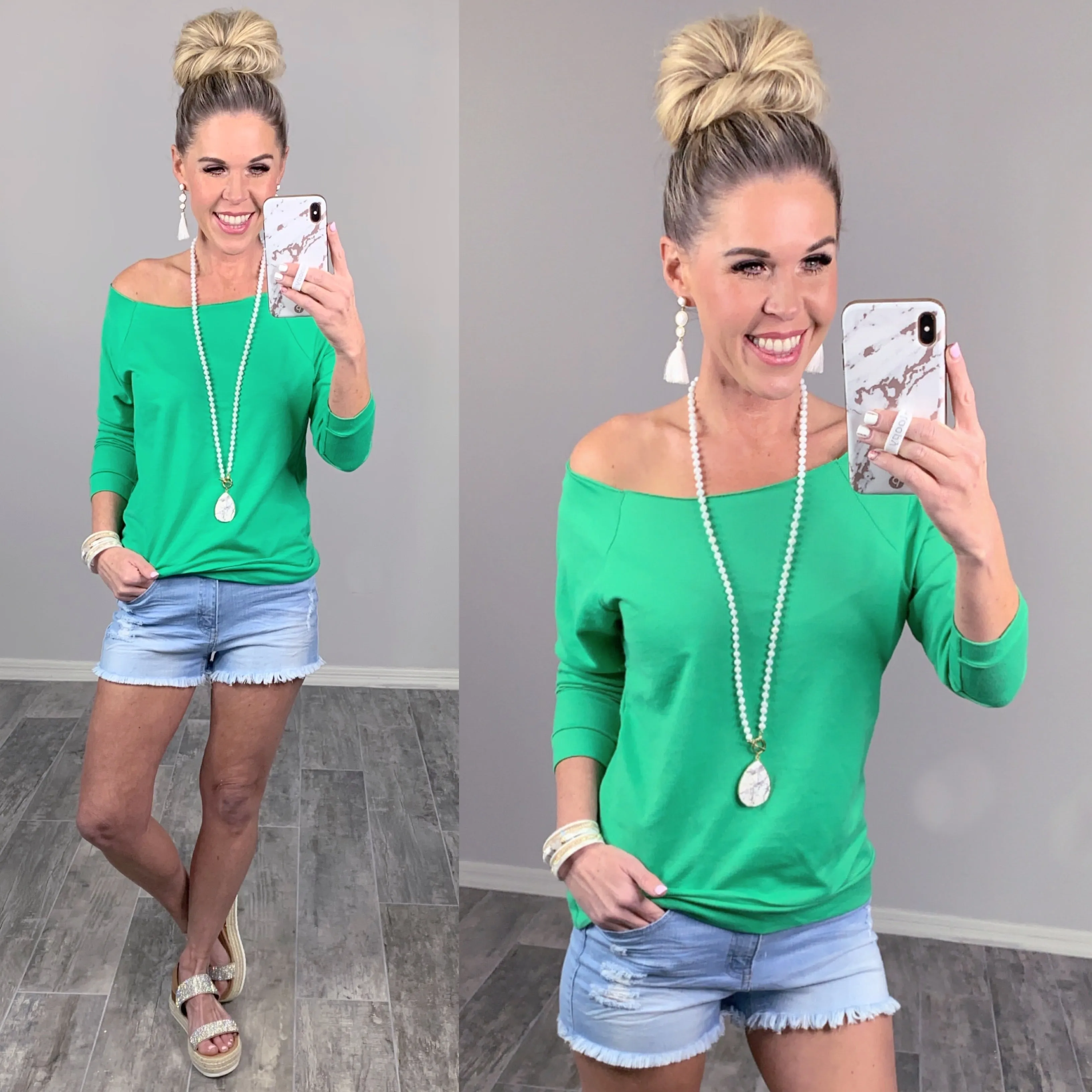 Raw Hem Off The Shoulder - Green