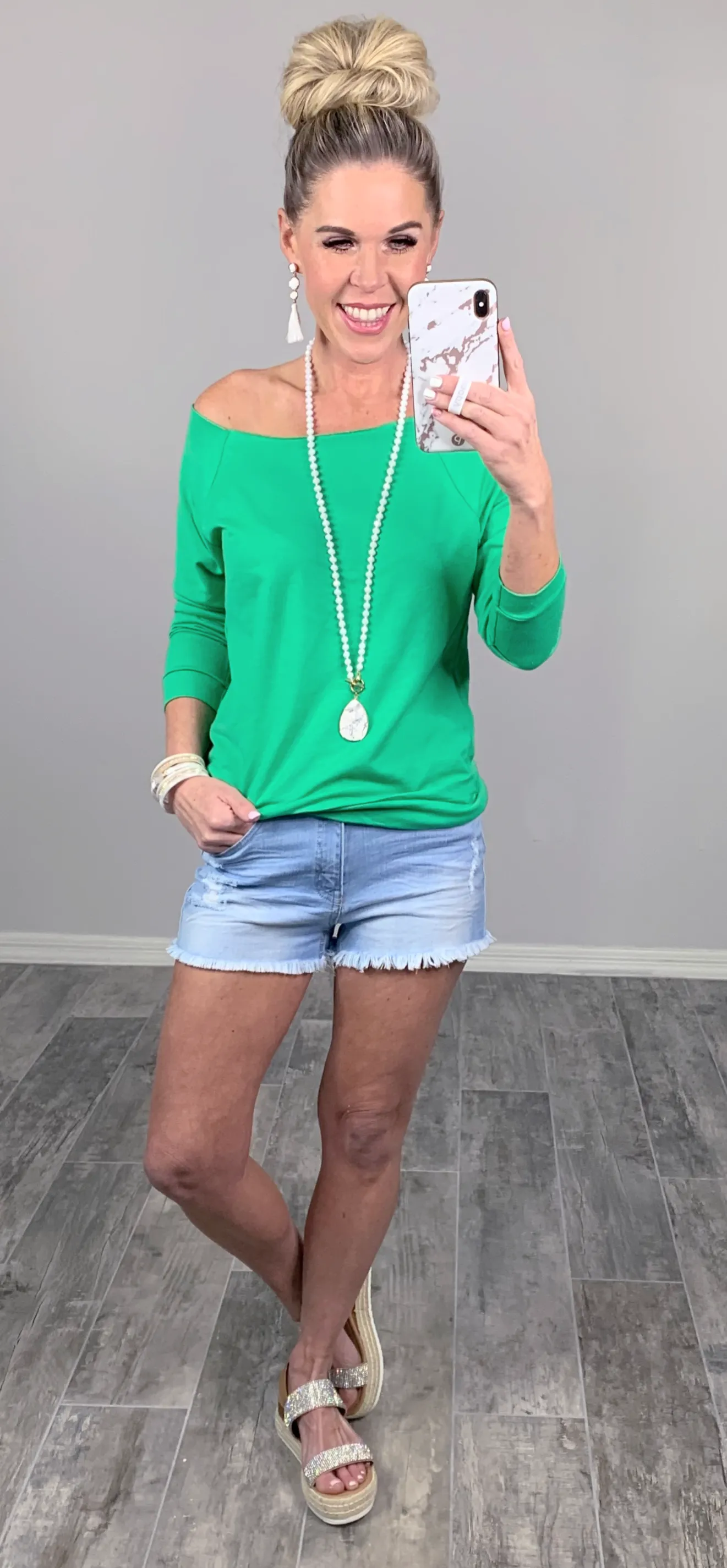 Raw Hem Off The Shoulder - Green
