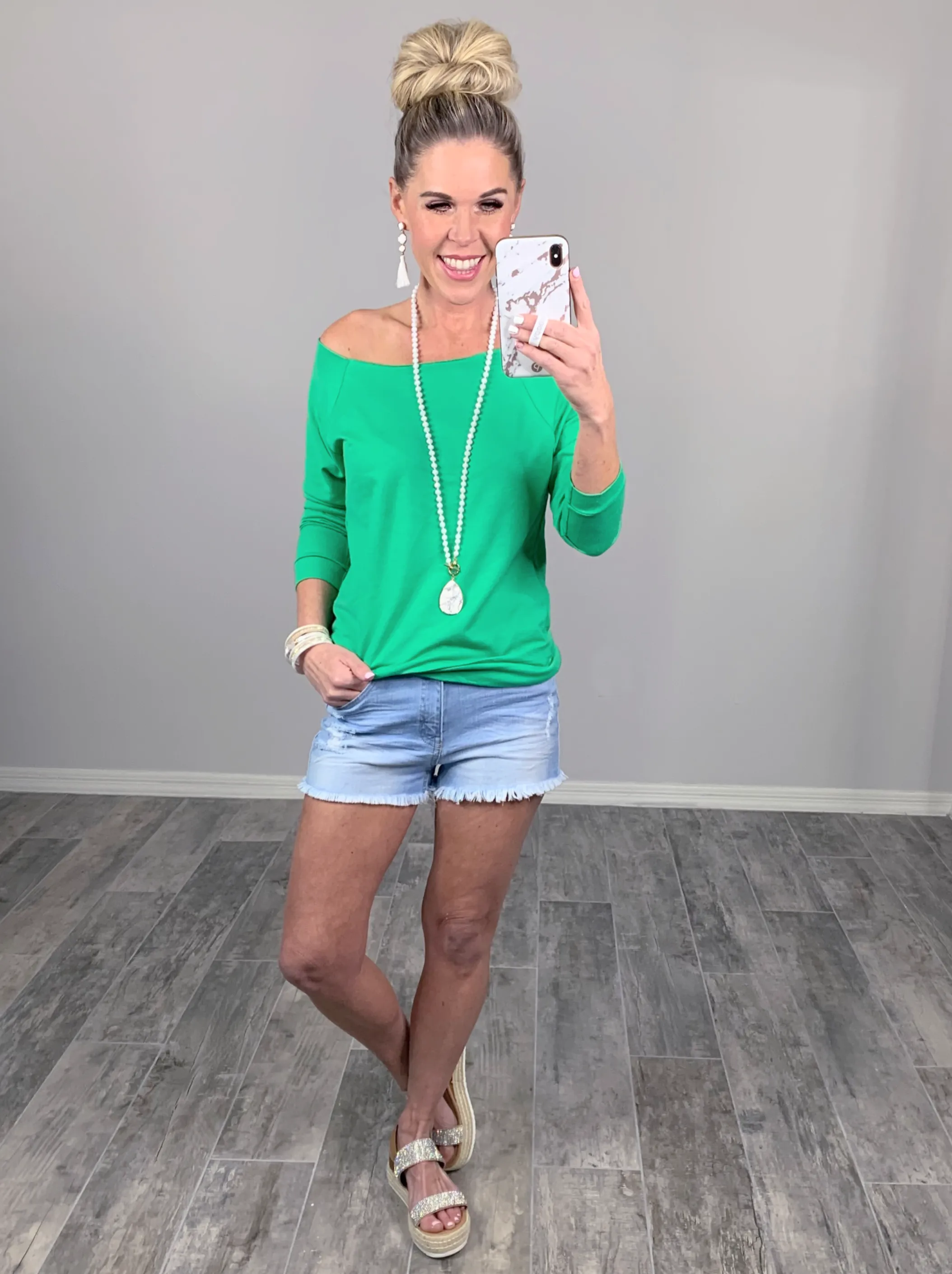 Raw Hem Off The Shoulder - Green