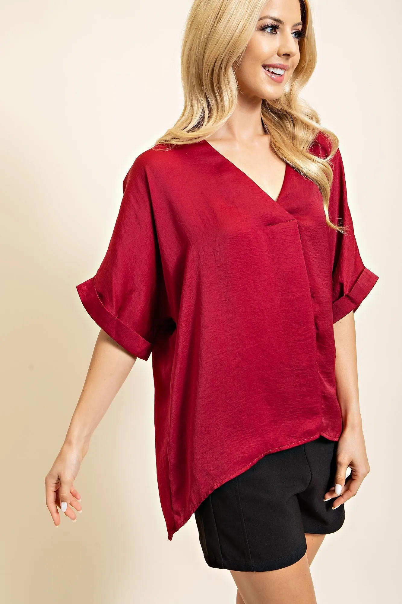 Red Satin V Neck Top Top