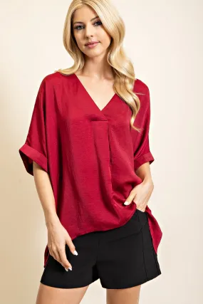 Red Satin V Neck Top Top