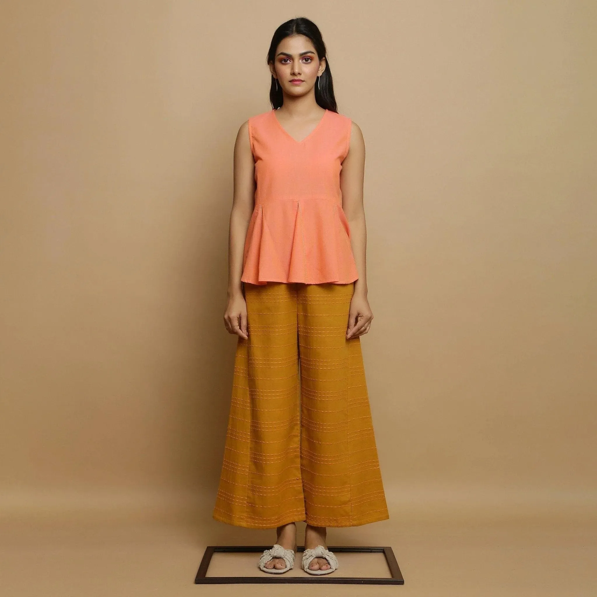 Salmon Pink Cotton Mangalgiri V-Neck Godet Top