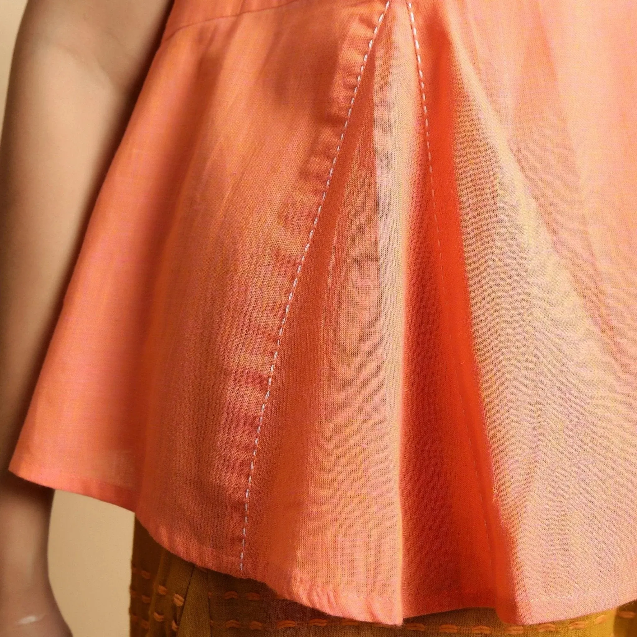 Salmon Pink Cotton Mangalgiri V-Neck Godet Top