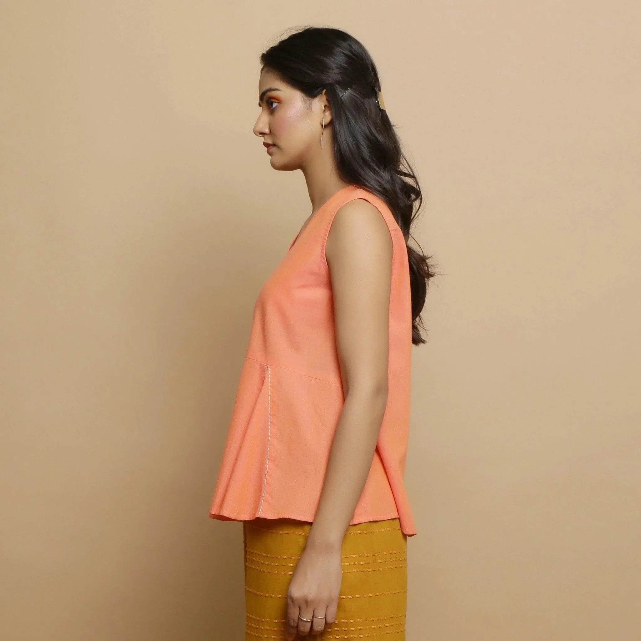 Salmon Pink Cotton Mangalgiri V-Neck Godet Top