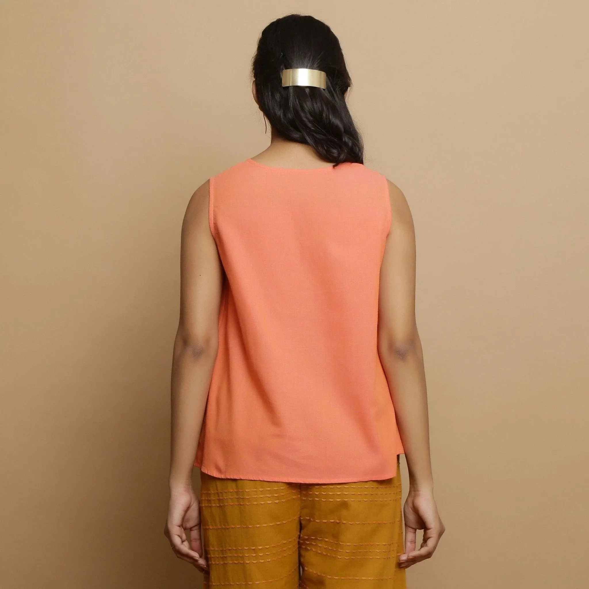 Salmon Pink Cotton Mangalgiri V-Neck Godet Top