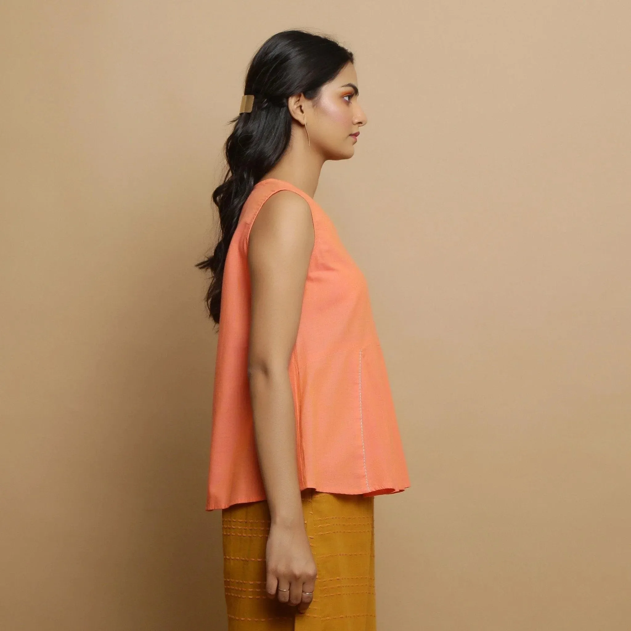 Salmon Pink Cotton Mangalgiri V-Neck Godet Top