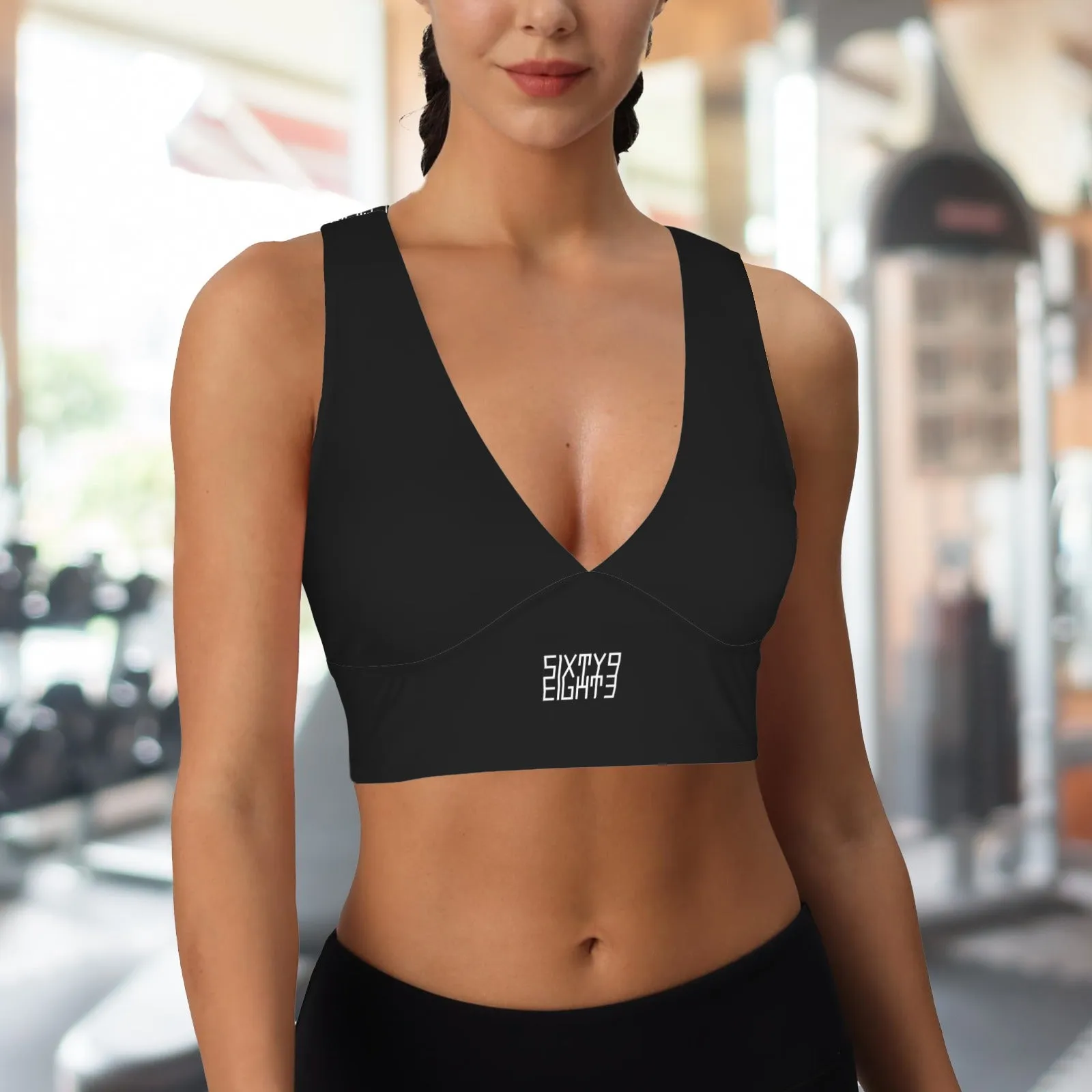 Sixty Eight 93 Logo White Deep V-Neck Racerback Cutout Sports Crop Tops