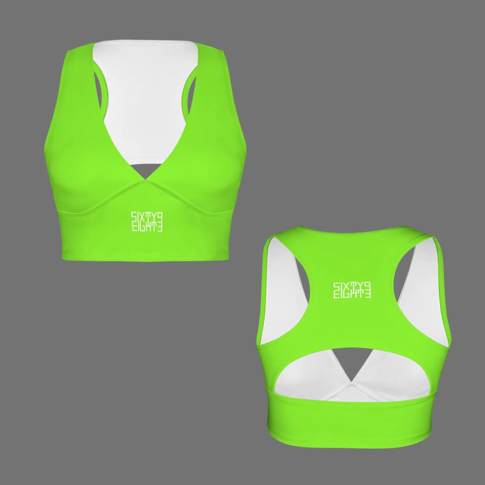 Sixty Eight 93 Logo White Deep V-Neck Racerback Cutout Sports Crop Tops