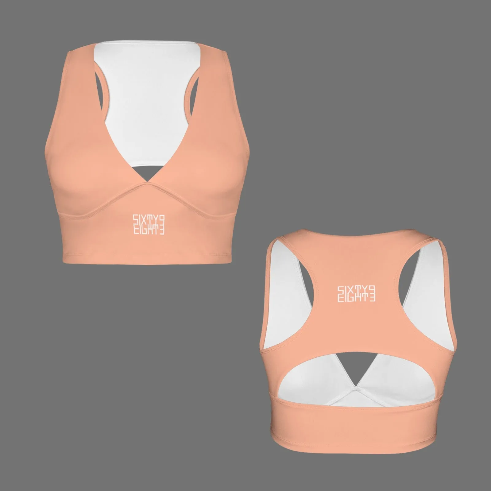 Sixty Eight 93 Logo White Deep V-Neck Racerback Cutout Sports Crop Tops