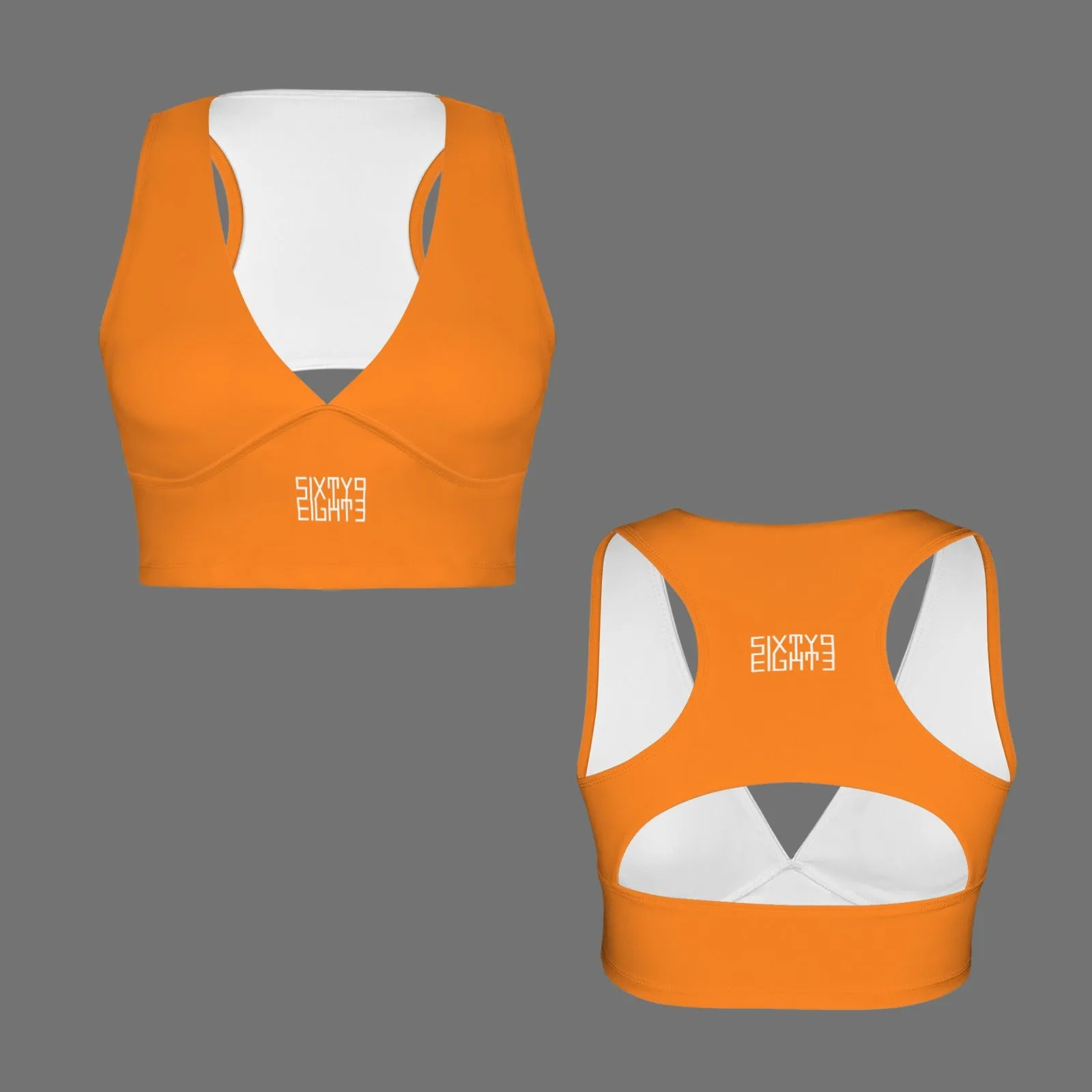 Sixty Eight 93 Logo White Deep V-Neck Racerback Cutout Sports Crop Tops