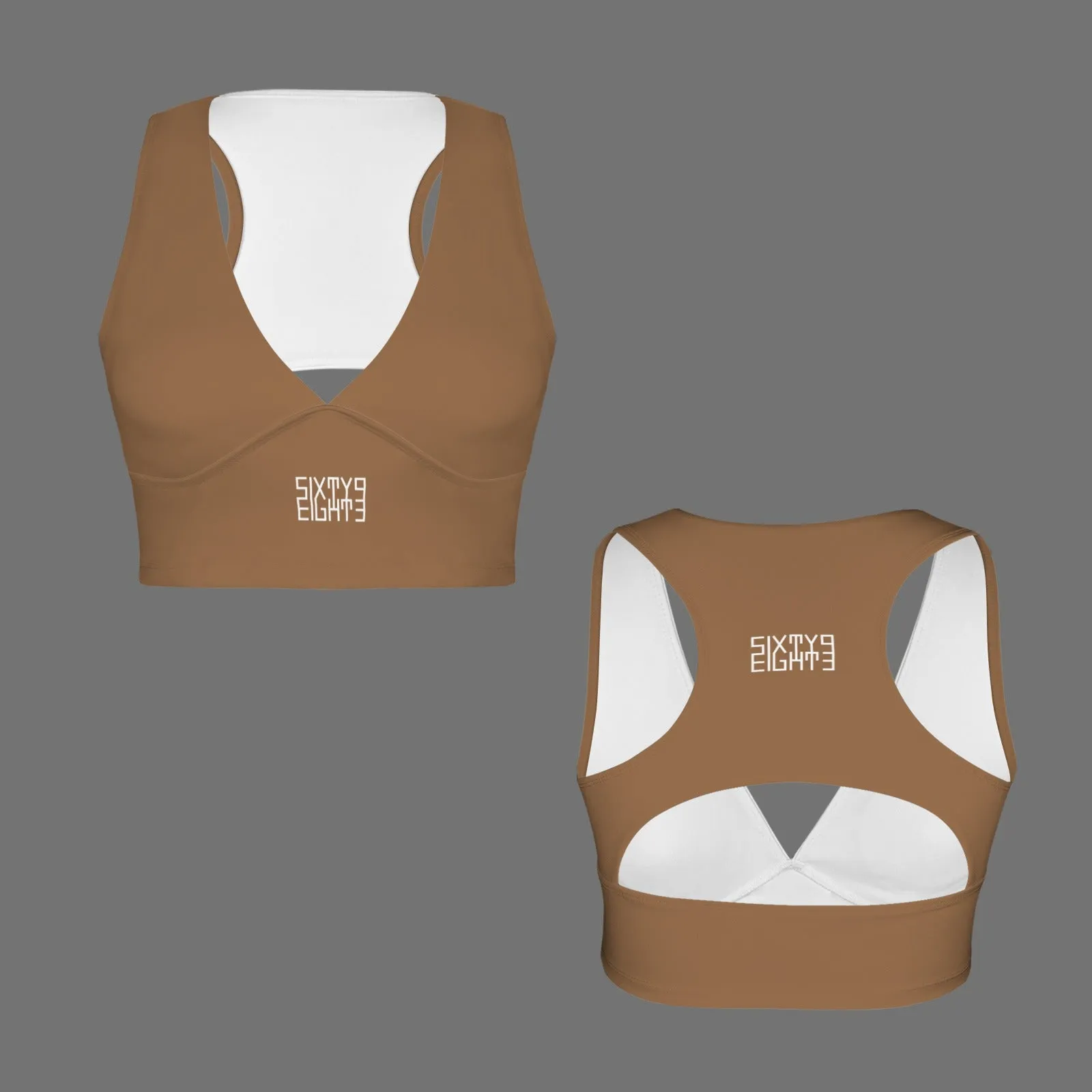 Sixty Eight 93 Logo White Deep V-Neck Racerback Cutout Sports Crop Tops