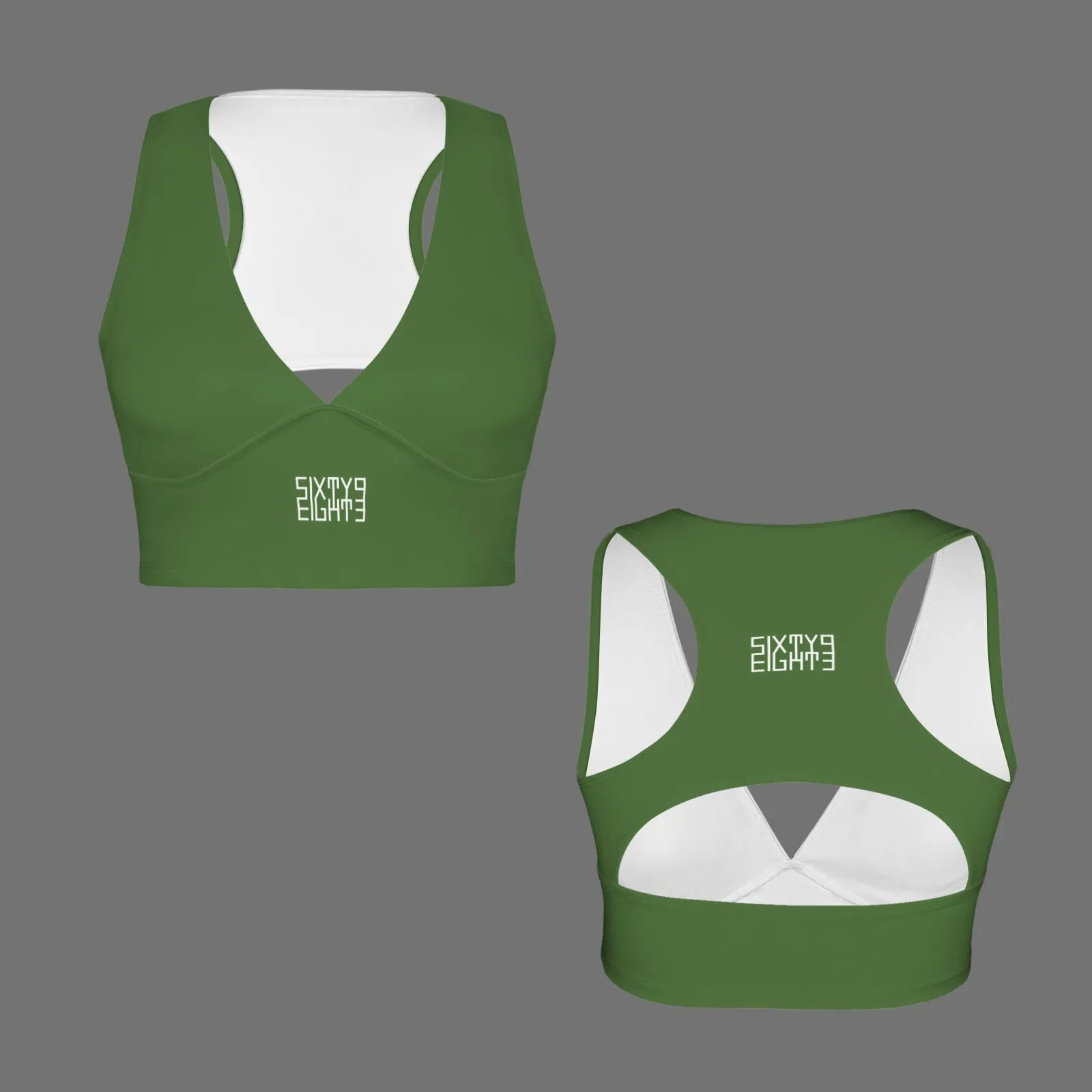 Sixty Eight 93 Logo White Deep V-Neck Racerback Cutout Sports Crop Tops