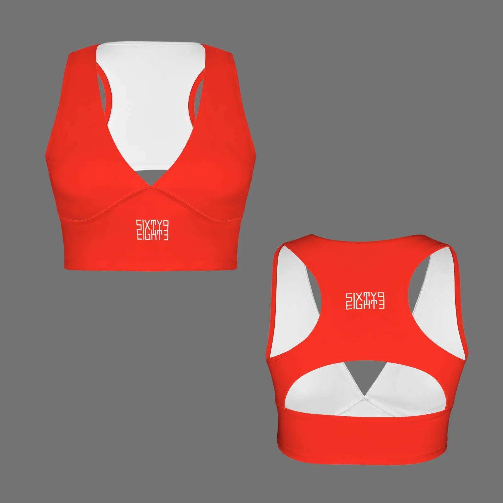 Sixty Eight 93 Logo White Deep V-Neck Racerback Cutout Sports Crop Tops