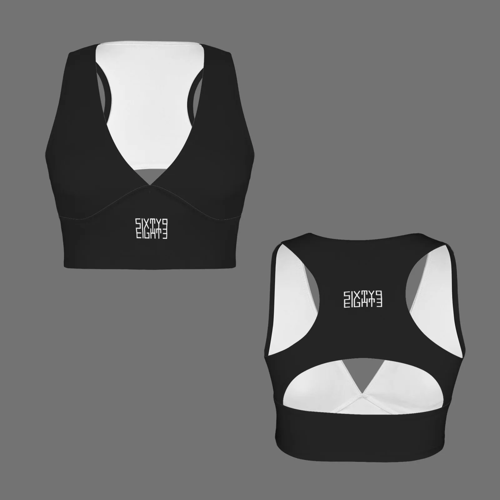 Sixty Eight 93 Logo White Deep V-Neck Racerback Cutout Sports Crop Tops