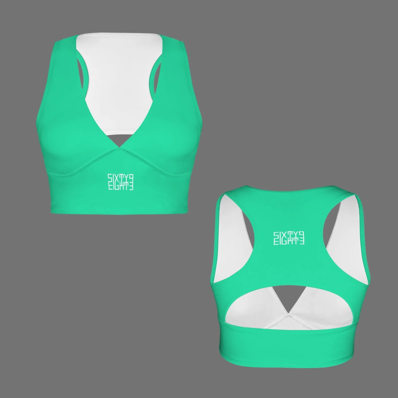 Sixty Eight 93 Logo White Deep V-Neck Racerback Cutout Sports Crop Tops