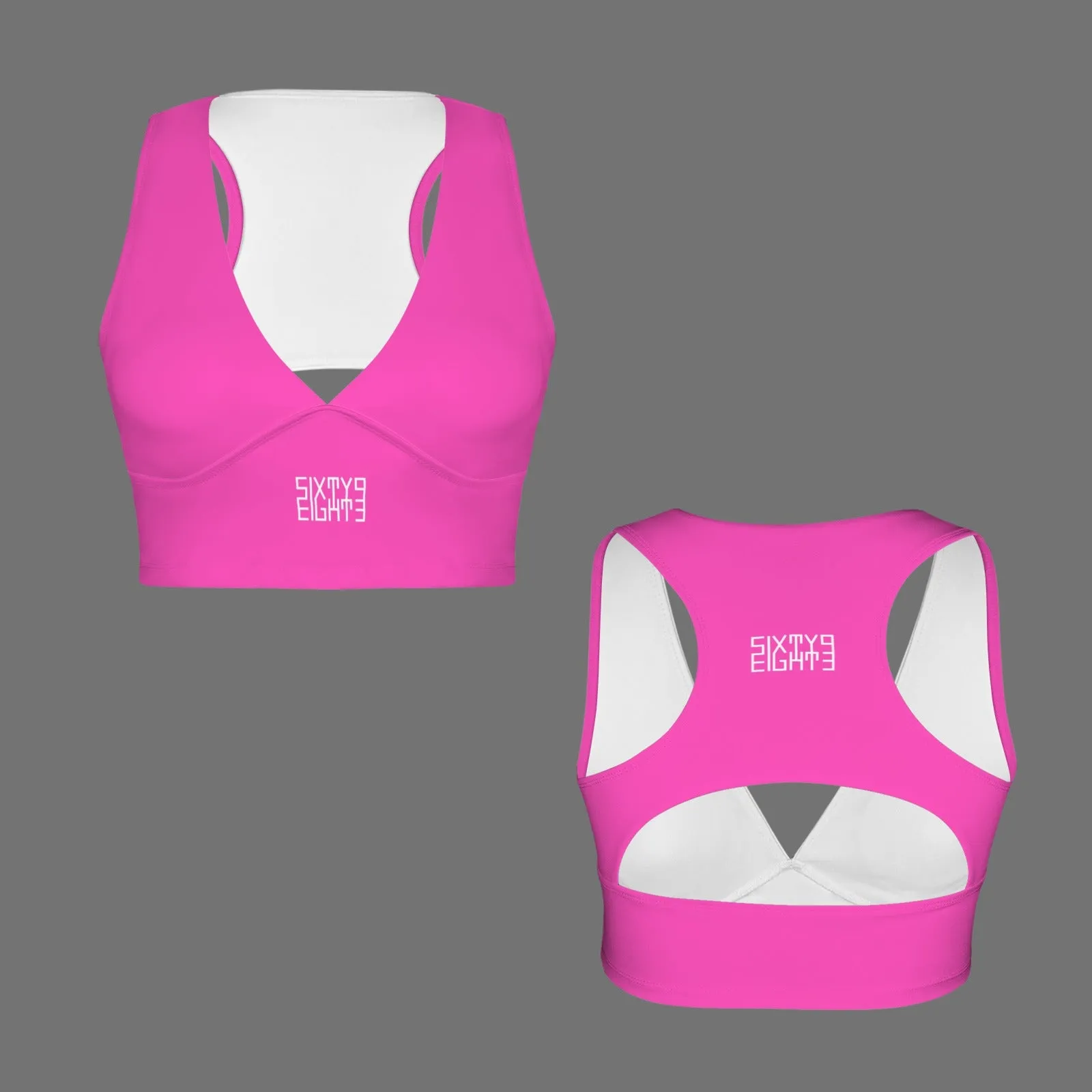 Sixty Eight 93 Logo White Deep V-Neck Racerback Cutout Sports Crop Tops