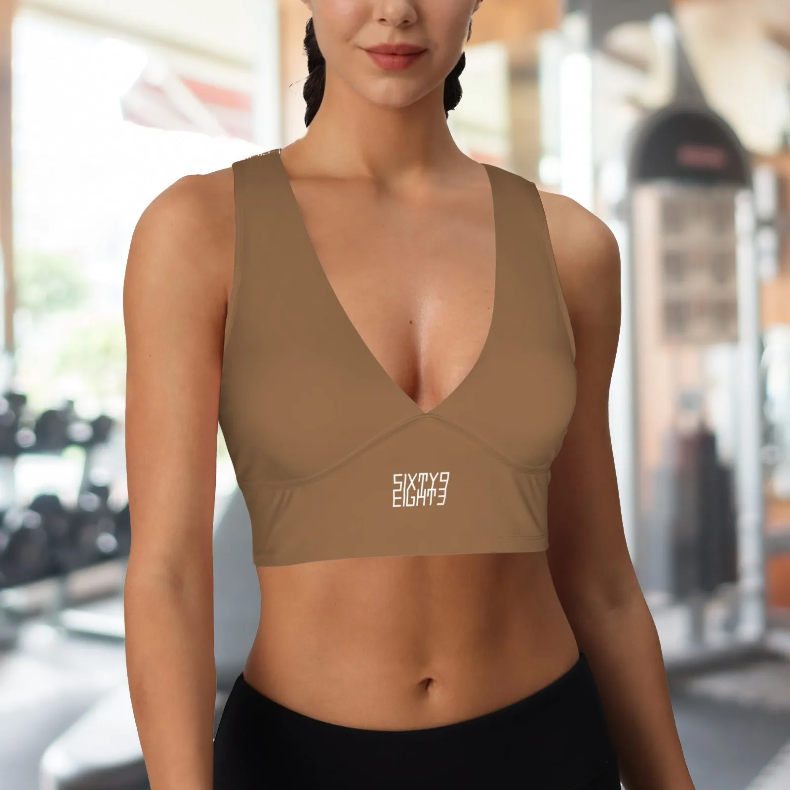 Sixty Eight 93 Logo White Deep V-Neck Racerback Cutout Sports Crop Tops