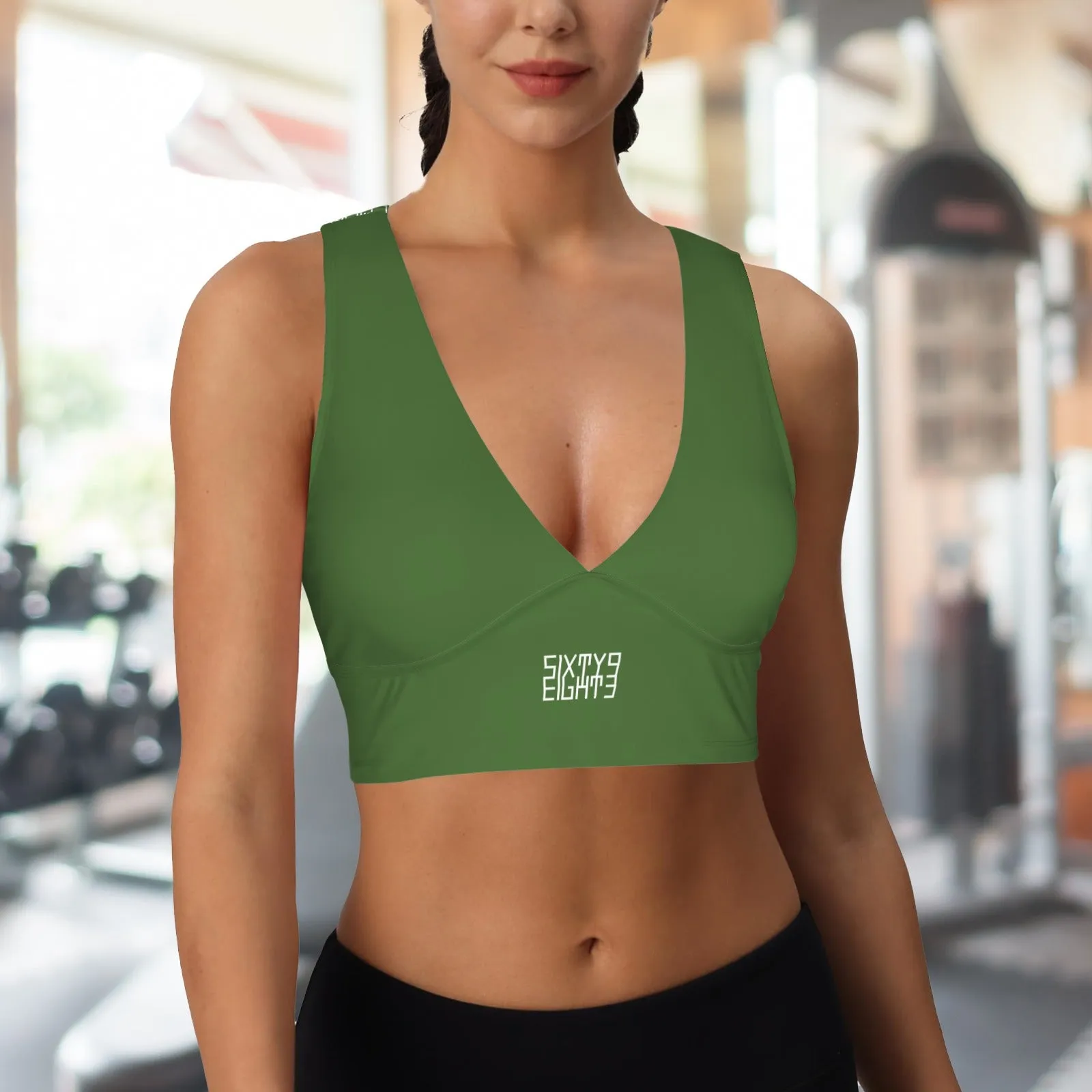 Sixty Eight 93 Logo White Deep V-Neck Racerback Cutout Sports Crop Tops