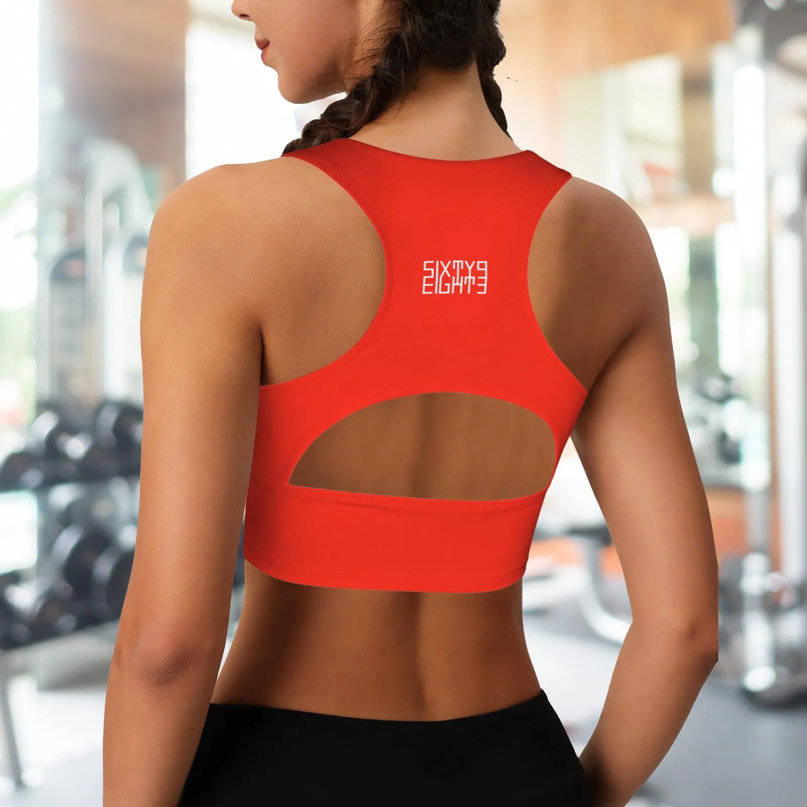 Sixty Eight 93 Logo White Deep V-Neck Racerback Cutout Sports Crop Tops