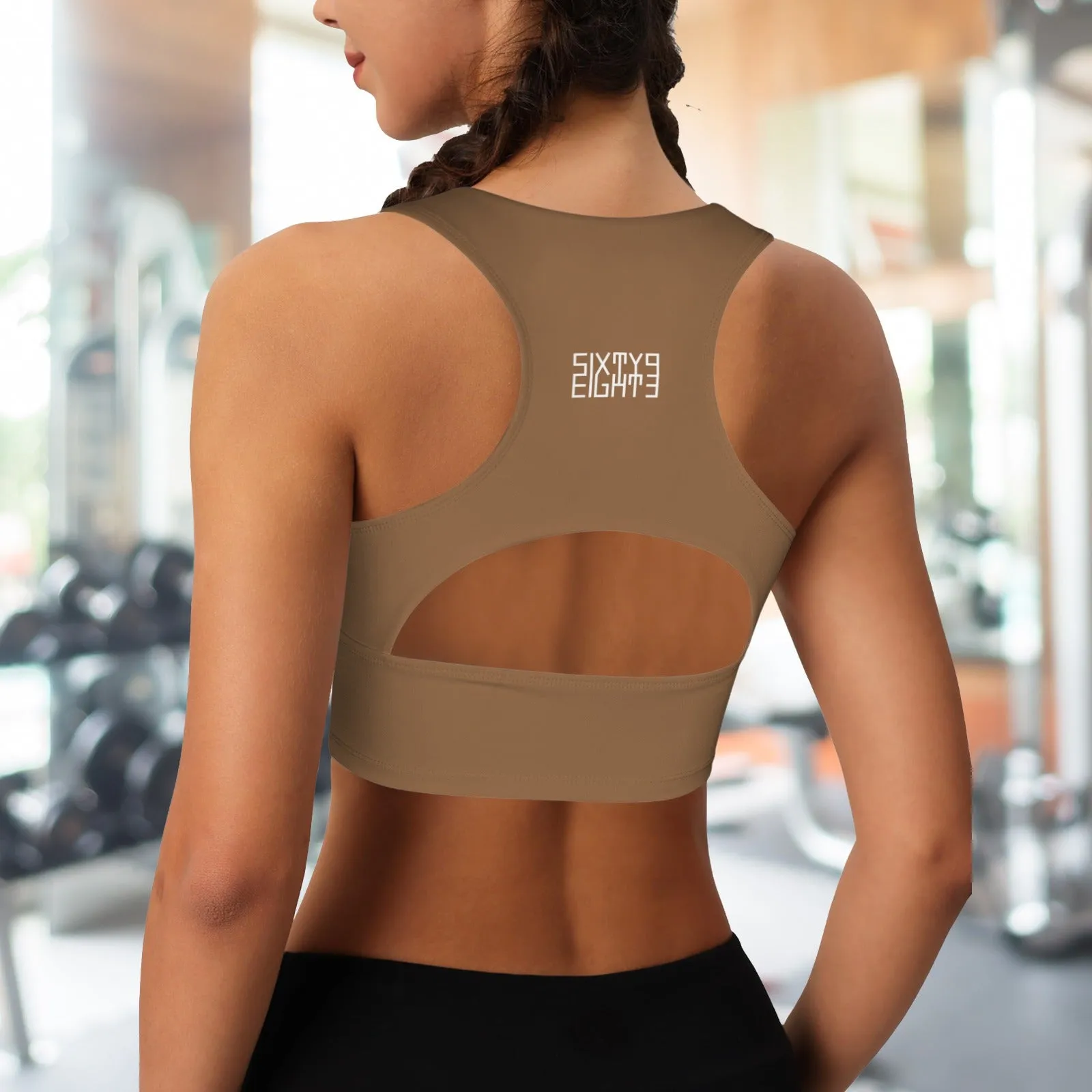 Sixty Eight 93 Logo White Deep V-Neck Racerback Cutout Sports Crop Tops