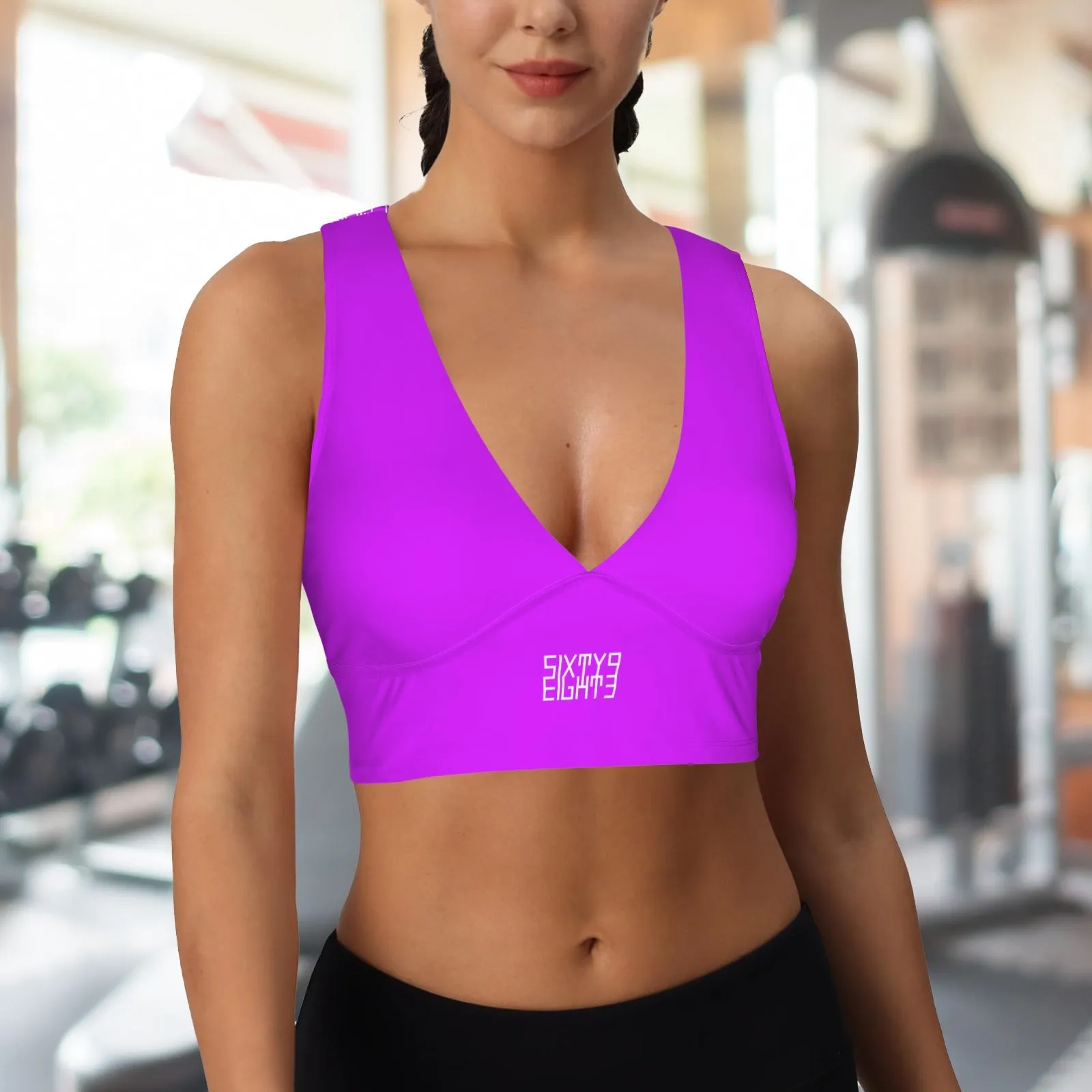 Sixty Eight 93 Logo White Deep V-Neck Racerback Cutout Sports Crop Tops