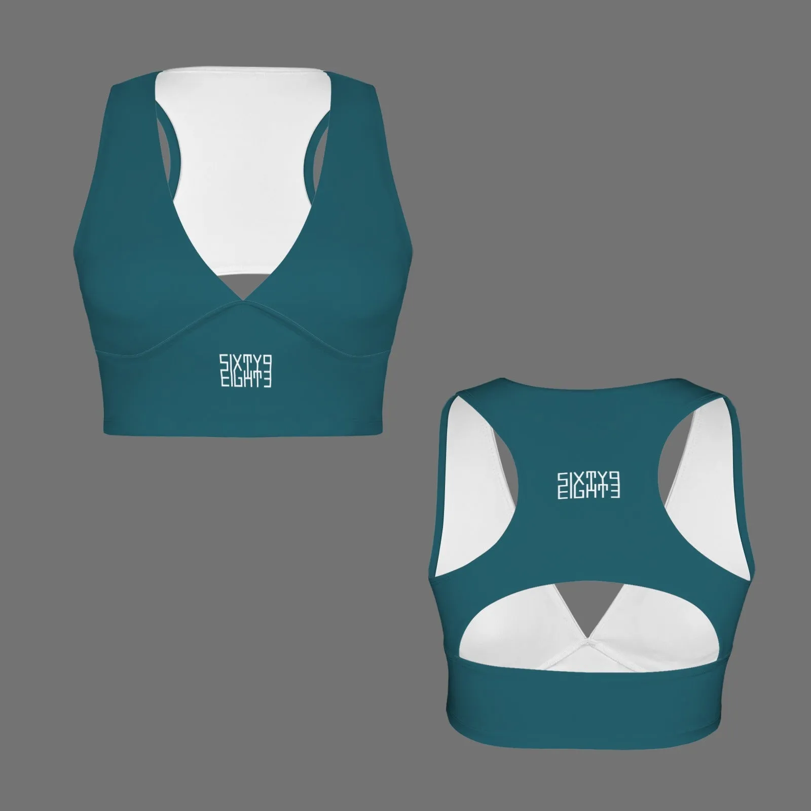 Sixty Eight 93 Logo White Deep V-Neck Racerback Cutout Sports Crop Tops