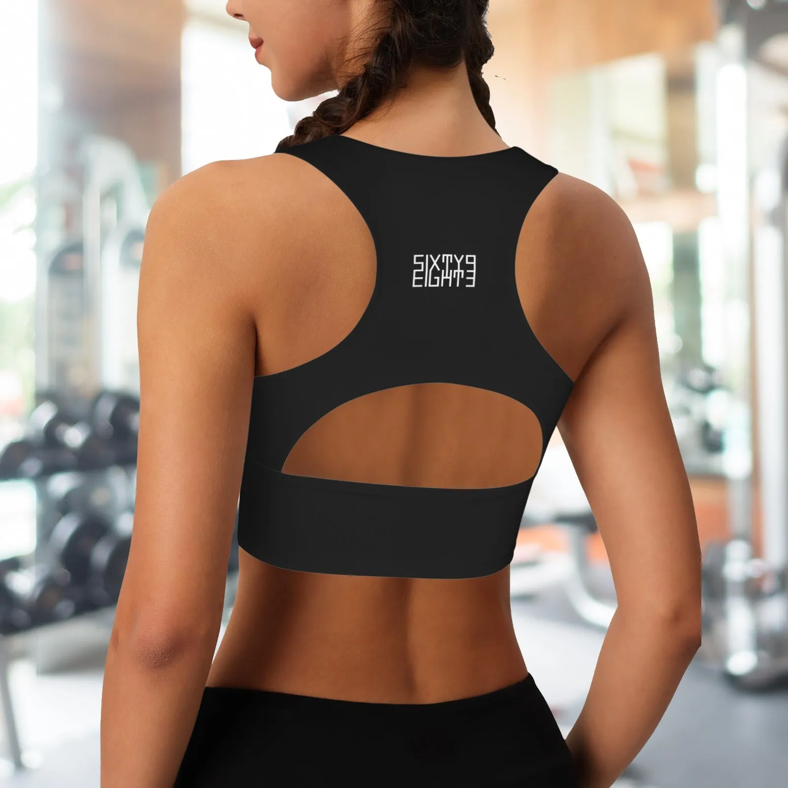 Sixty Eight 93 Logo White Deep V-Neck Racerback Cutout Sports Crop Tops