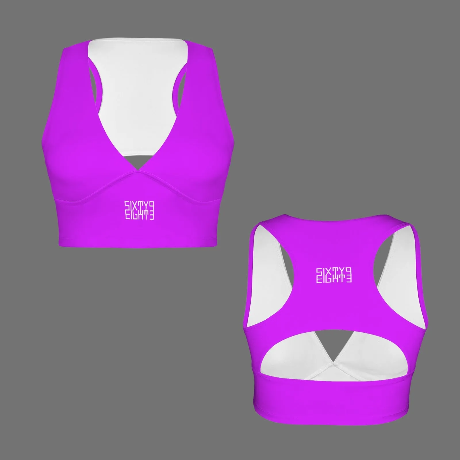 Sixty Eight 93 Logo White Deep V-Neck Racerback Cutout Sports Crop Tops