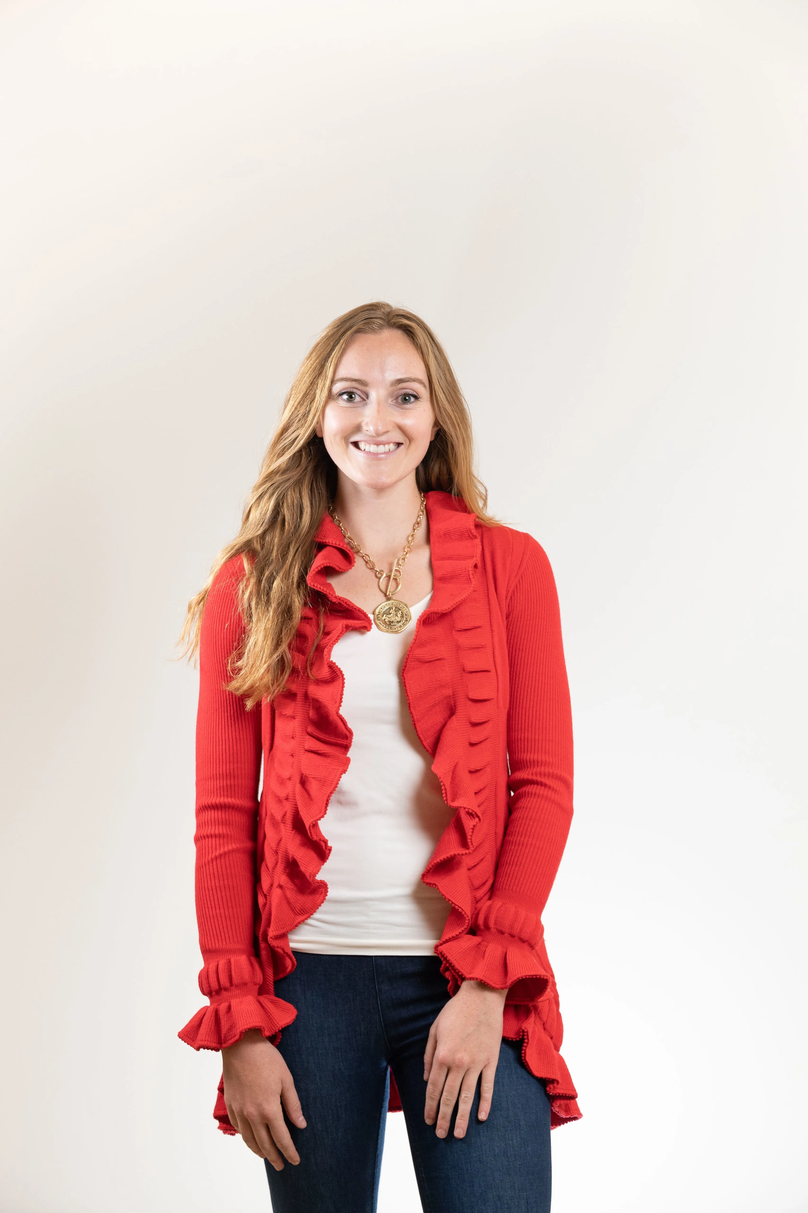 The Paige Ruffle Cardigan in Red