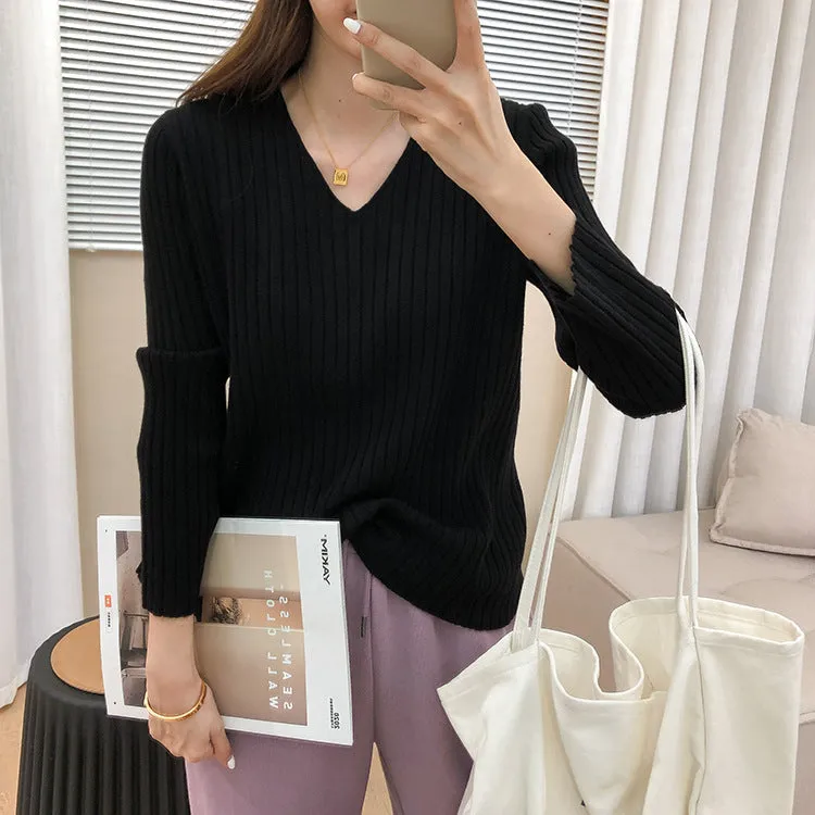 V-Neck Long Sleeved WomenLoose Stretchable Slim-Look Tops Sweater
