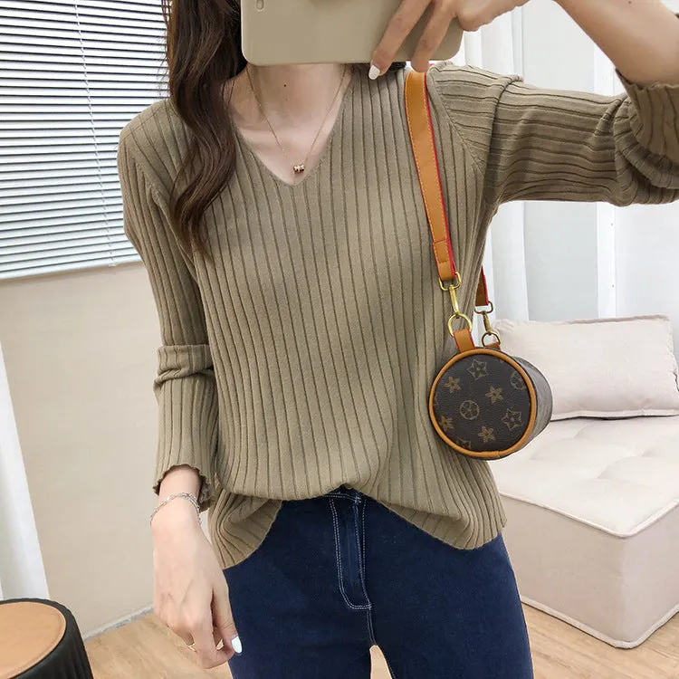 V-Neck Long Sleeved WomenLoose Stretchable Slim-Look Tops Sweater