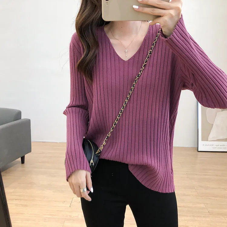 V-Neck Long Sleeved WomenLoose Stretchable Slim-Look Tops Sweater