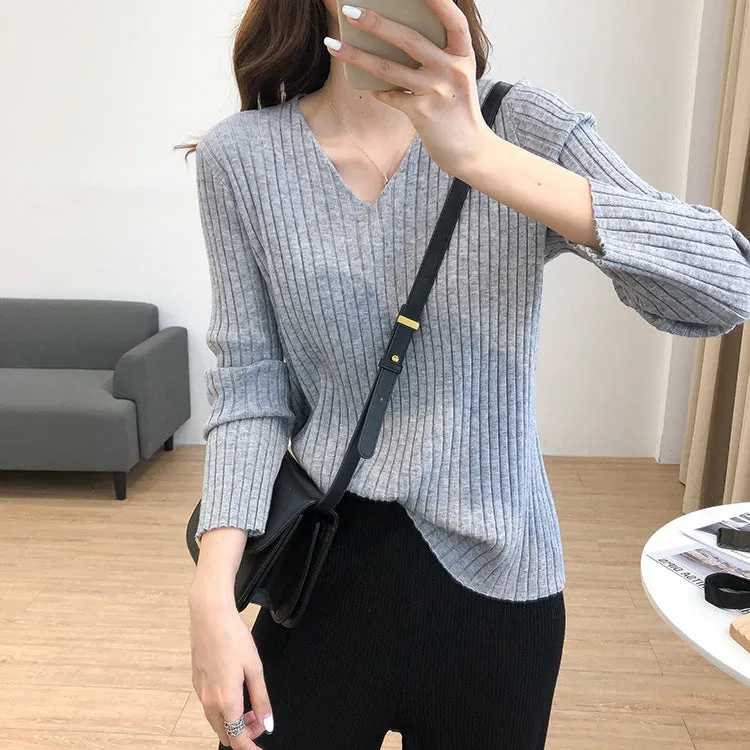 V-Neck Long Sleeved WomenLoose Stretchable Slim-Look Tops Sweater