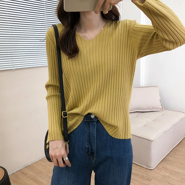 V-Neck Long Sleeved WomenLoose Stretchable Slim-Look Tops Sweater