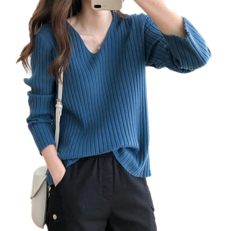 V-Neck Long Sleeved WomenLoose Stretchable Slim-Look Tops Sweater