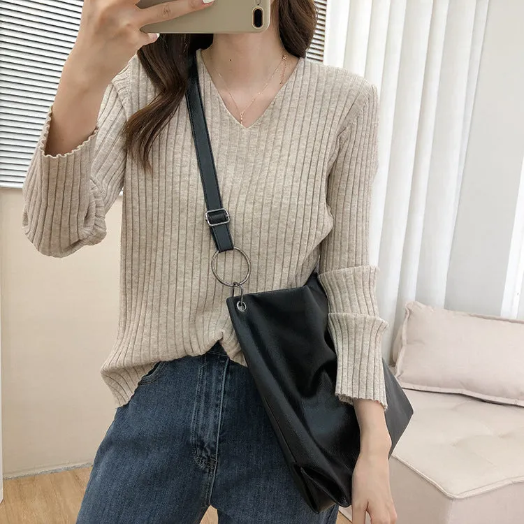 V-Neck Long Sleeved WomenLoose Stretchable Slim-Look Tops Sweater
