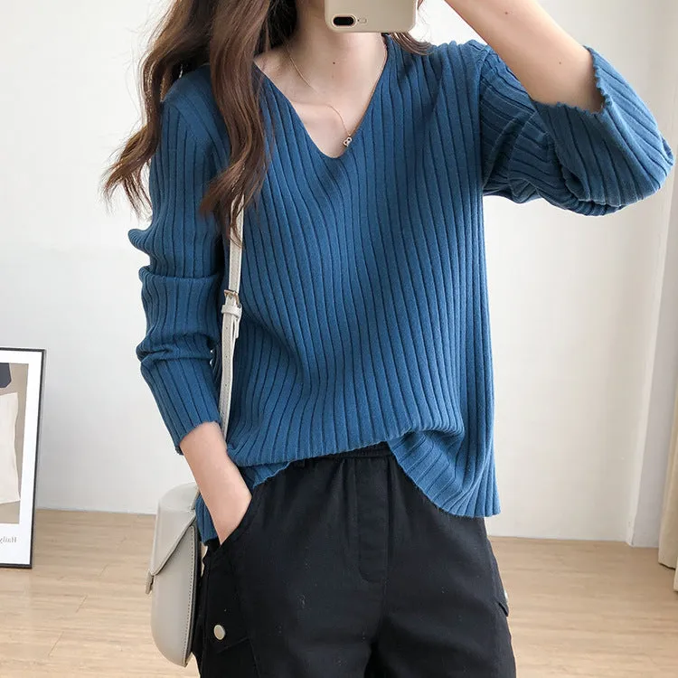 V-Neck Long Sleeved WomenLoose Stretchable Slim-Look Tops Sweater