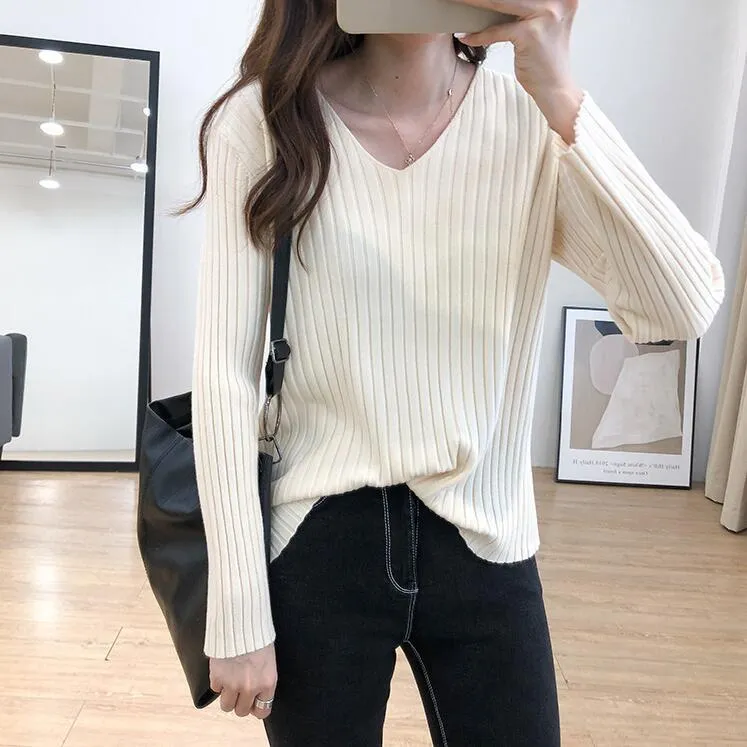 V-Neck Long Sleeved WomenLoose Stretchable Slim-Look Tops Sweater