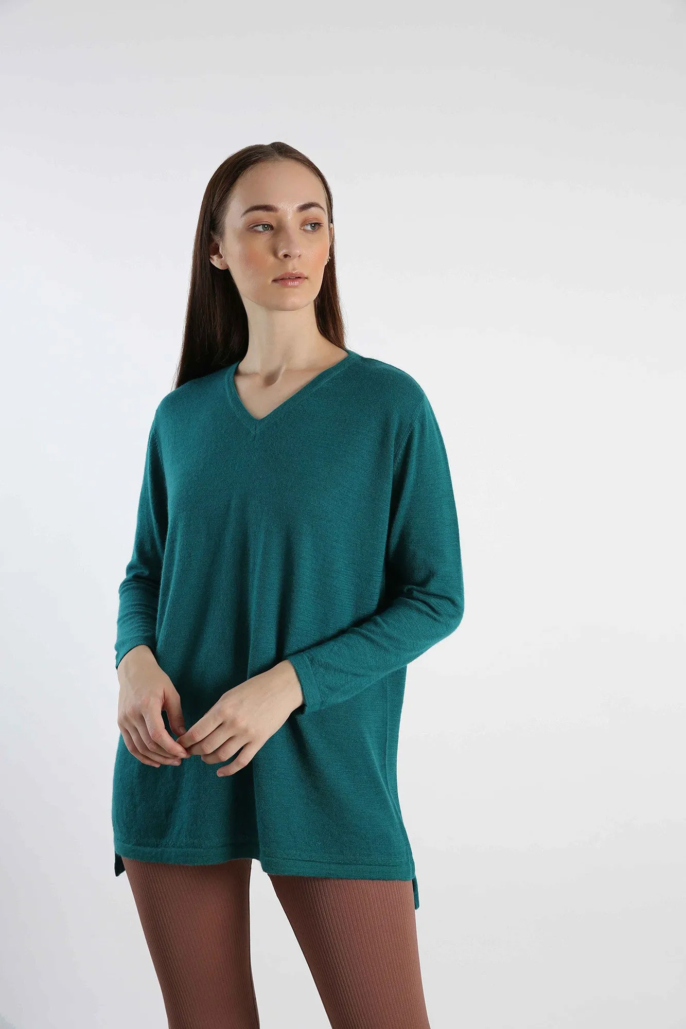 V-Neck Pure Cashmere Sweater - Teal