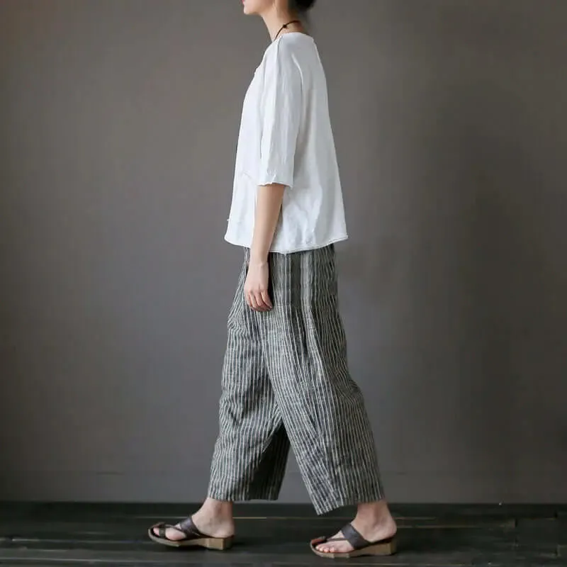 with Elastic Waist pants Striped Linen Women's Summer Carrot Pants