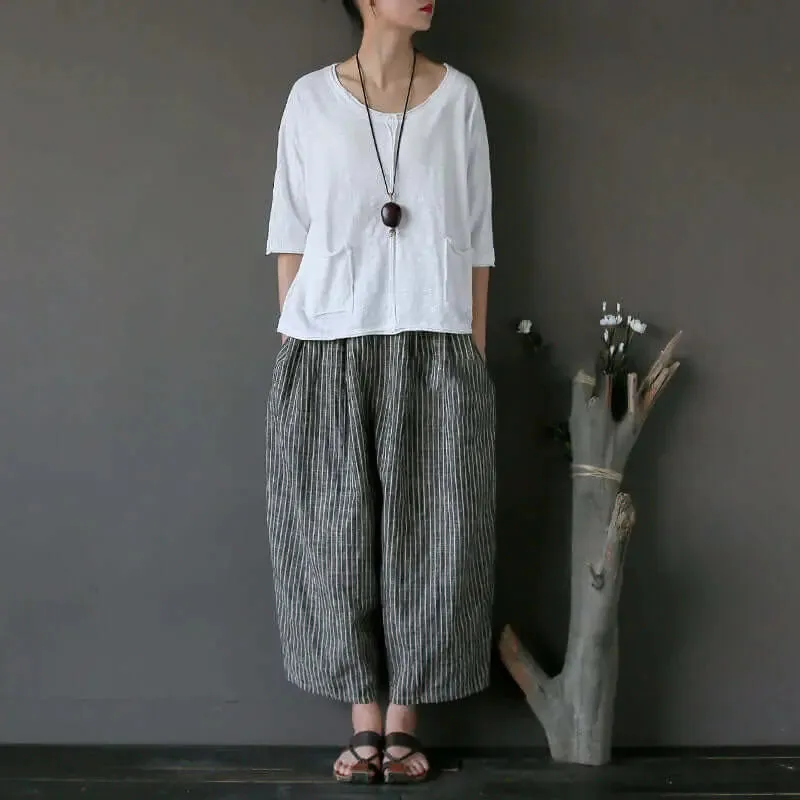 with Elastic Waist pants Striped Linen Women's Summer Carrot Pants