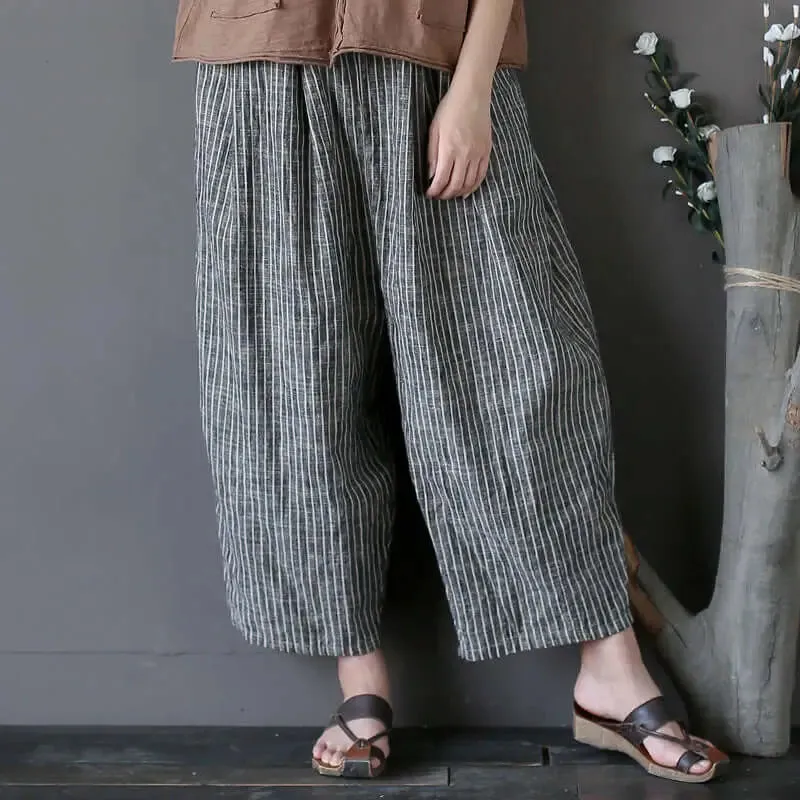with Elastic Waist pants Striped Linen Women's Summer Carrot Pants