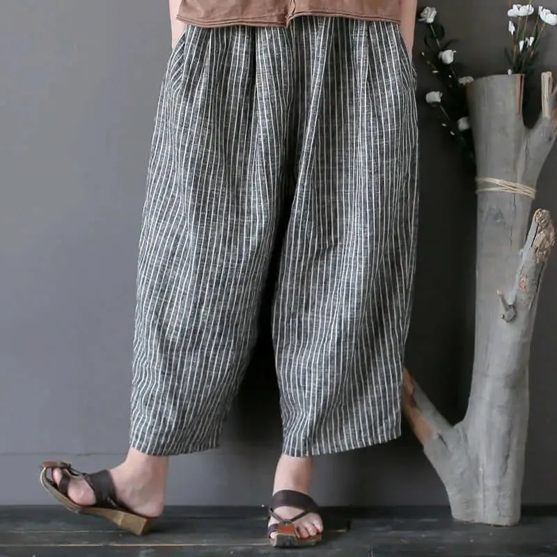with Elastic Waist pants Striped Linen Women's Summer Carrot Pants