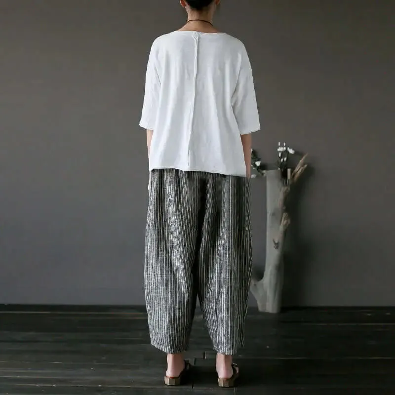 with Elastic Waist pants Striped Linen Women's Summer Carrot Pants