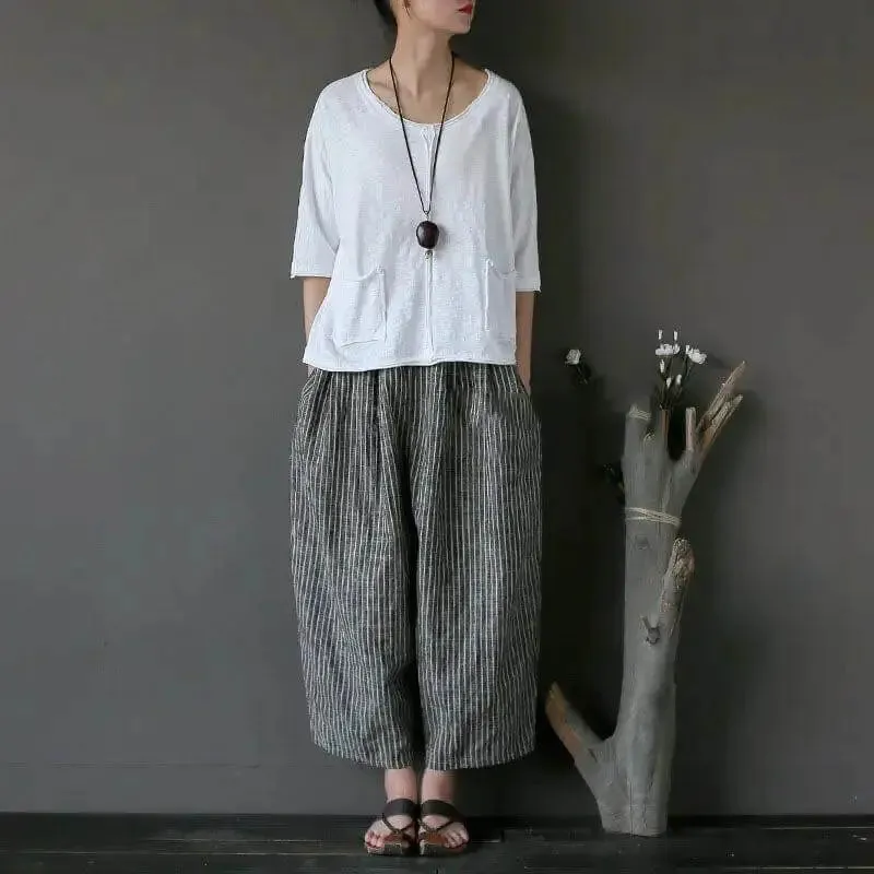 with Elastic Waist pants Striped Linen Women's Summer Carrot Pants