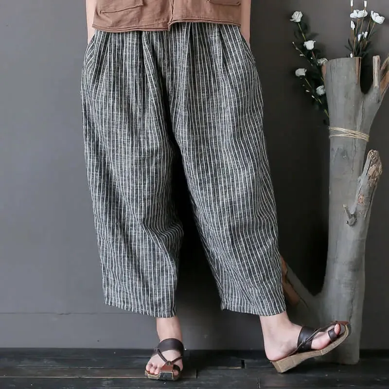with Elastic Waist pants Striped Linen Women's Summer Carrot Pants