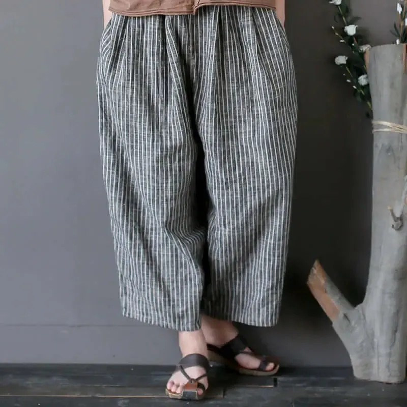 with Elastic Waist pants Striped Linen Women's Summer Carrot Pants